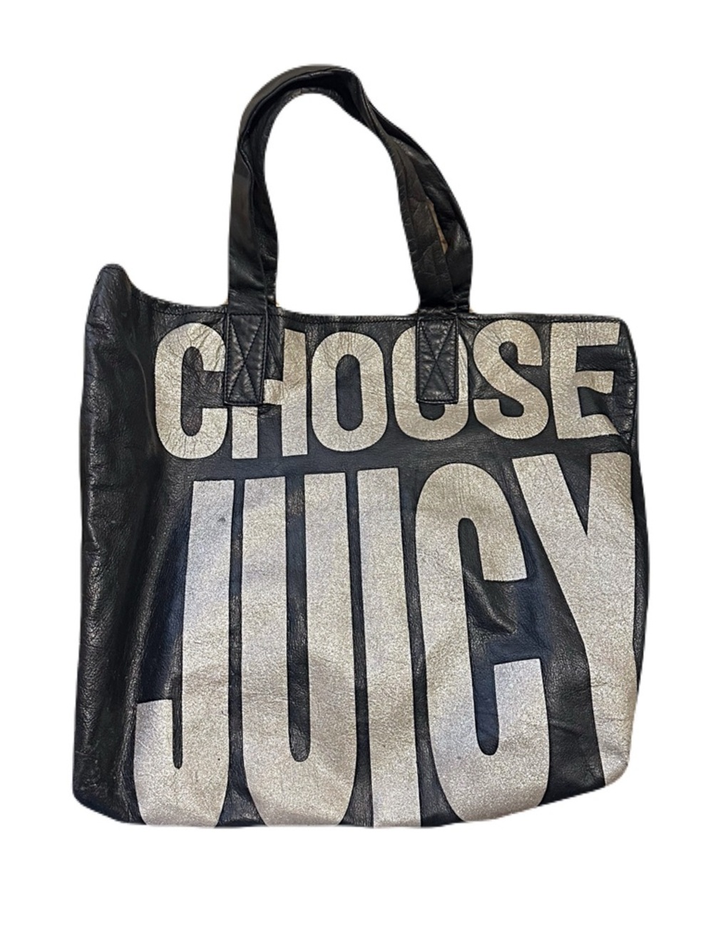 Juicy Couture Black Cowhide Leather Tote Bag "Choose Juicy" Gold Sparkle
RARE